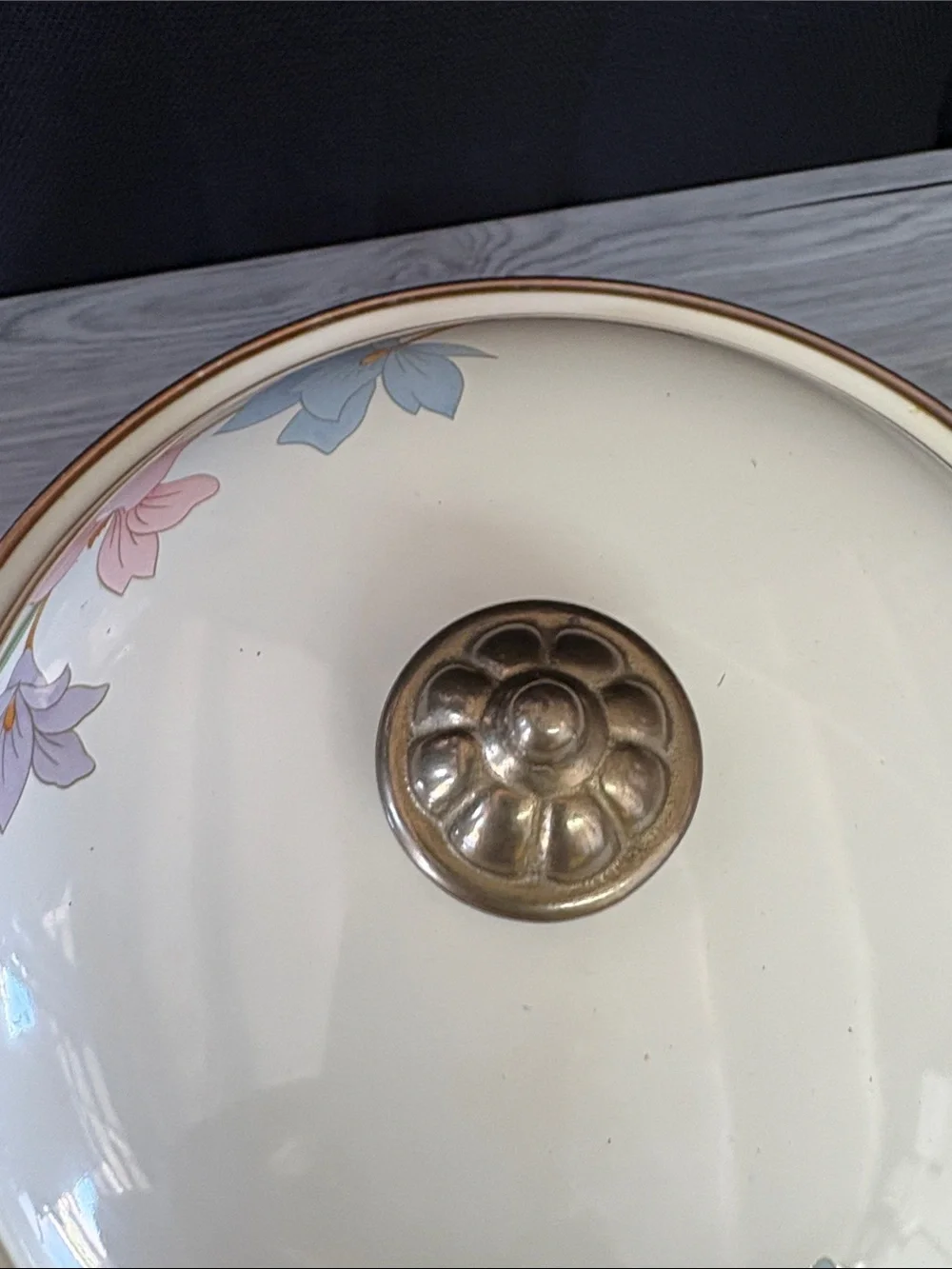 Cream Floral Enamel Pot with Brass Accents